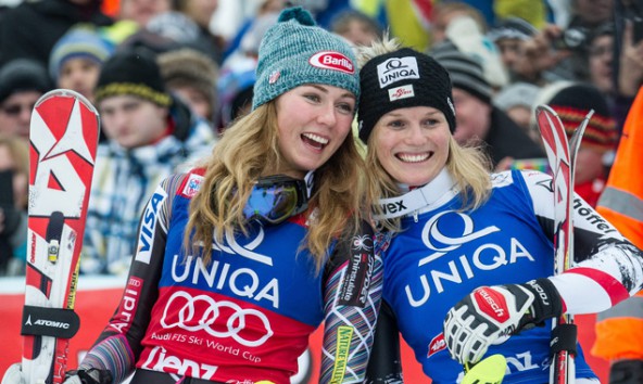 Grund zum Jubeln hatten am 2. Renntag in Lienz Mikaela Shiffrin (USA)als Zweitplatzierte und Slalomsoegerin Marlies Schild. Foto: Expa/Gruber