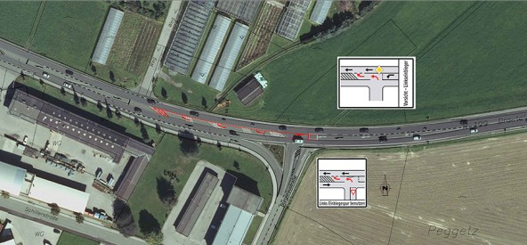 In Zukunft geht es für Verkehrsteilnehmer, welche von der Peggetz kommen, auf den Linkseinbiegestreifen. Die Kreuzung soll damit Leistungsfähiger werden. Skizze: Baubezirksamt Lienz