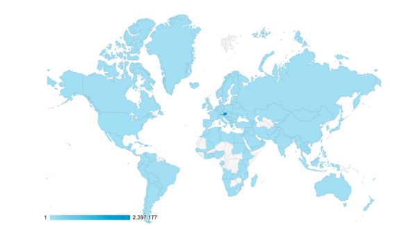 Es gibt nur noch wenige weiße Flecken auf der Dolomitenstadt-Landkarte. In allen blau gefärbten Weltgegenden wird unser Online-Magazin gelesen. Foto: Google Analytics