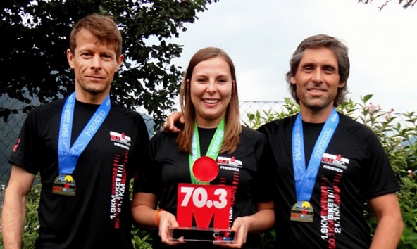 Bernd Amoser, Stephanie Rainer und Peter Raneburger (von links) kämpften sich beim 70.3 Ironman in Zell am See ganz nach vorne.