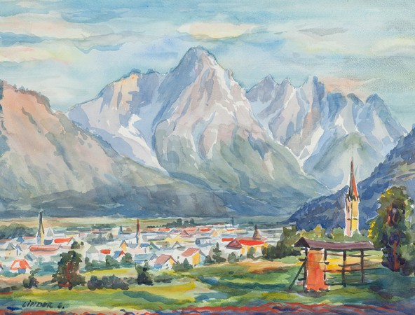 Siegfried Linder: "Lienz mit Spitzkofel", Aquarell auf Papier, 38 cm x 50 cm