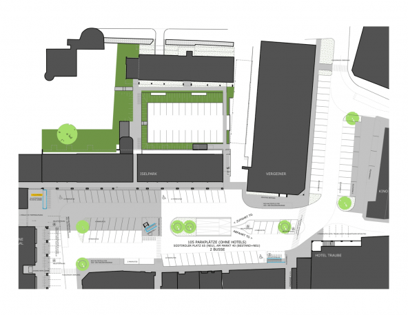 So sollen die 105 oberirdischen Stellplätze sowie die Ein- und Ausfahrt auf dem Südtirolerplatz und dem Neuen Markt organisiert werden. Plan: Architekt Wurzer