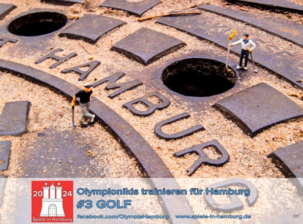 Der Traum von Paralympics und Olympia in Hamburg 2024 und die zwei Zentimeter kleinen Olympionikis trainieren bereits. „Hole in one“ unter vereinfachten Bedingungen scheint für die Golfer erreichbar. Entdeckt auf der Reeperbahn. Foto: Kathrin Beyer