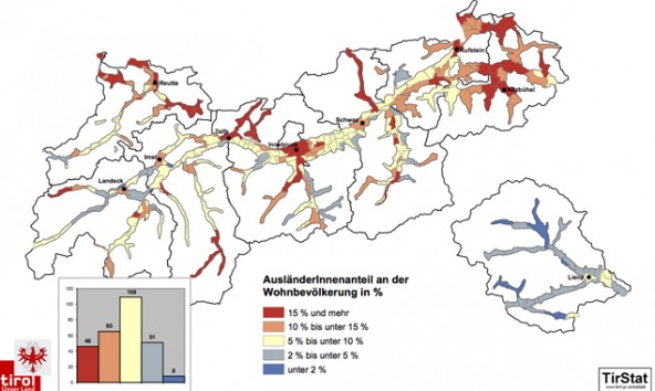 Ausländeranteil an der Wohnbevölkerung 2014 in den Gemeinden Tirols. Quelle: Demograf Daten Tirol 2014