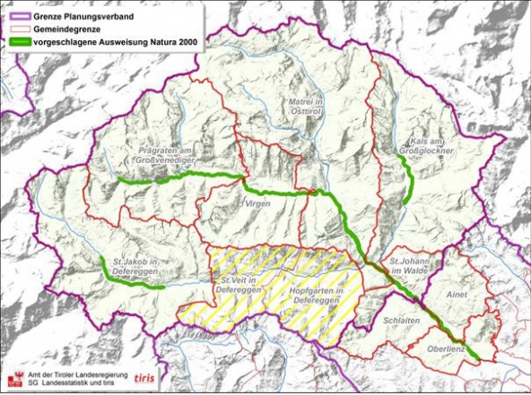 Die angepeilten Natura 2000-Gebiete sind grün markiert. Karte: Land Tirol