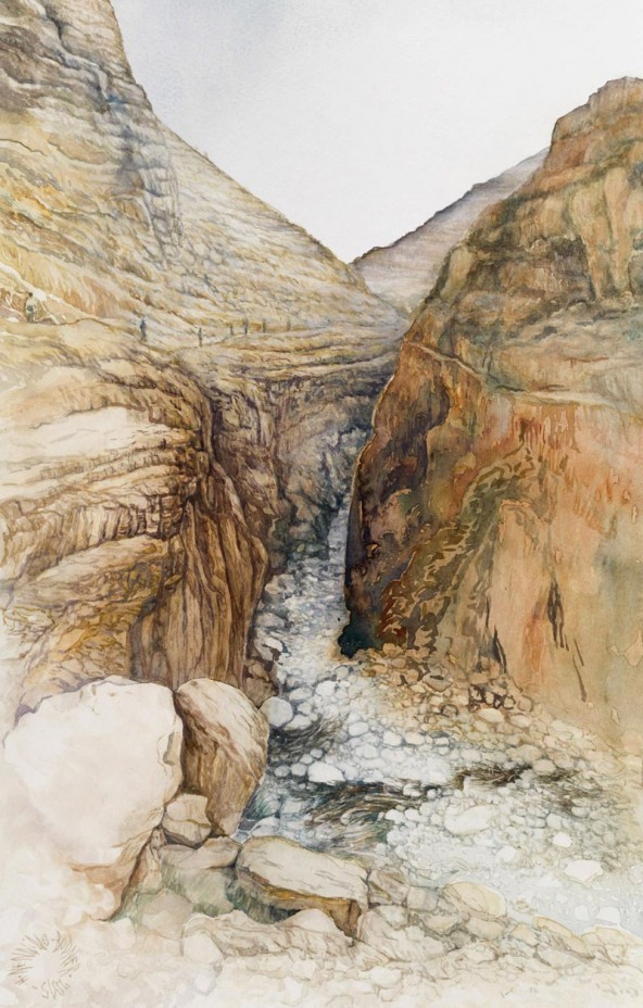 Hannelore Nenning, "Wadi-el-Qelt – Auf den Spuren Jesu nach Jericho" (2015), Aquarell, 2015, 70 x 50/ 45 x 28,5 cm. Foto: Martin Lugger