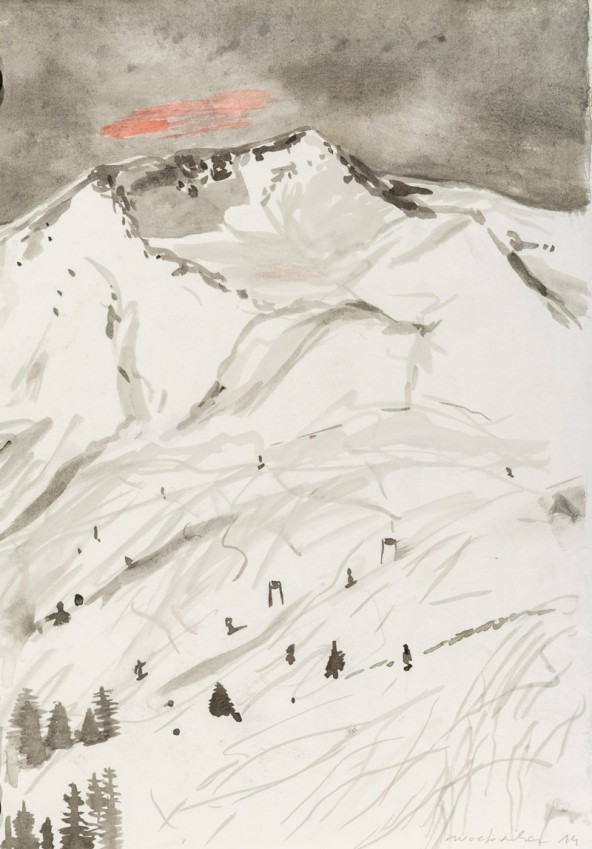 Linda Wolfsgruber, "Neuschnee", Tuschzeichnung auf Papier, H 42 cm x B 29 cm. Foto: Martin LUgger