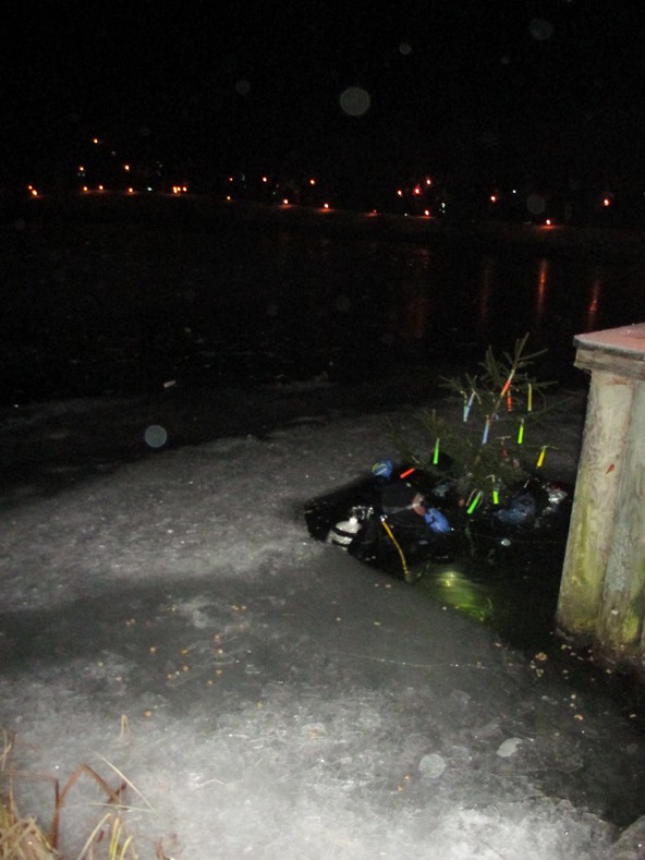 Zwei Taucher brachten den Christbaum unter Wasser. Beim Auftauchen wurden sie von Lichtern und Musik begrüßt.